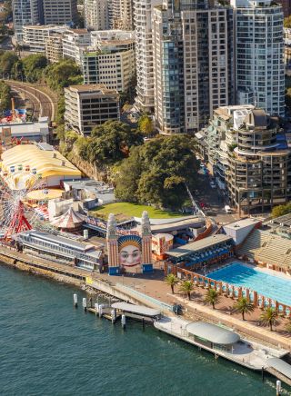 Luna Park and North Sydney Olympic Pool as seen from the Sydney Harbour Bridge.